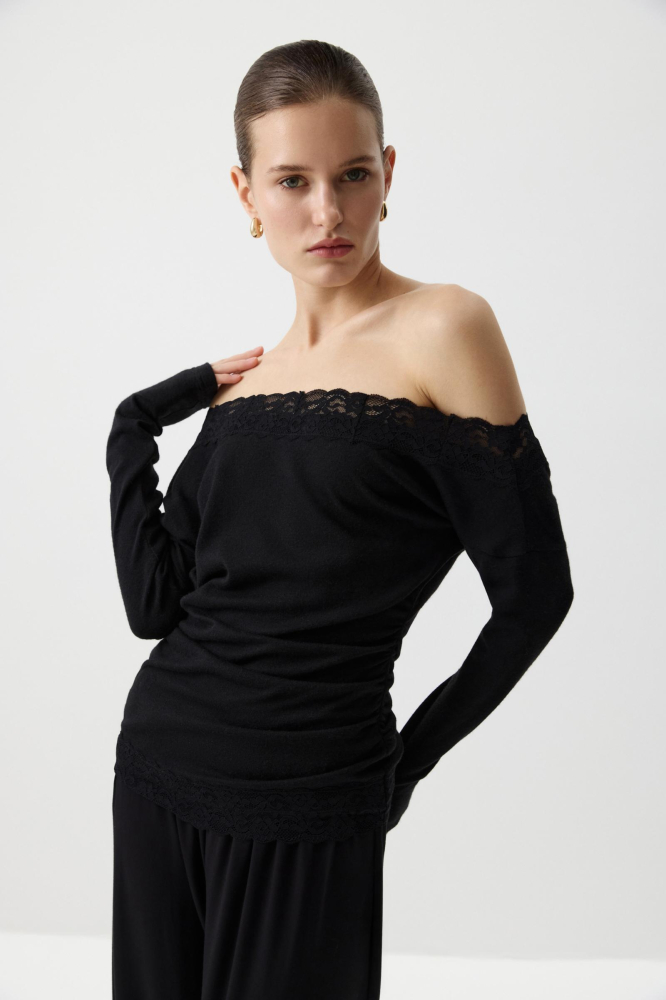 Лонгслив с кружевом из мягкого трикотажа