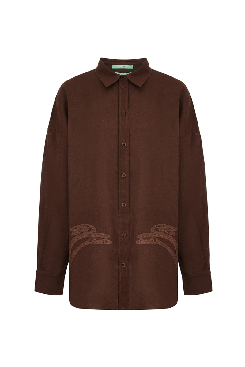 Льняная рубашка с вышивкой DREAMS BY ALENA AKHMADULLINA, цвет: коричневый, 126102050204477/408000 купить онлайн