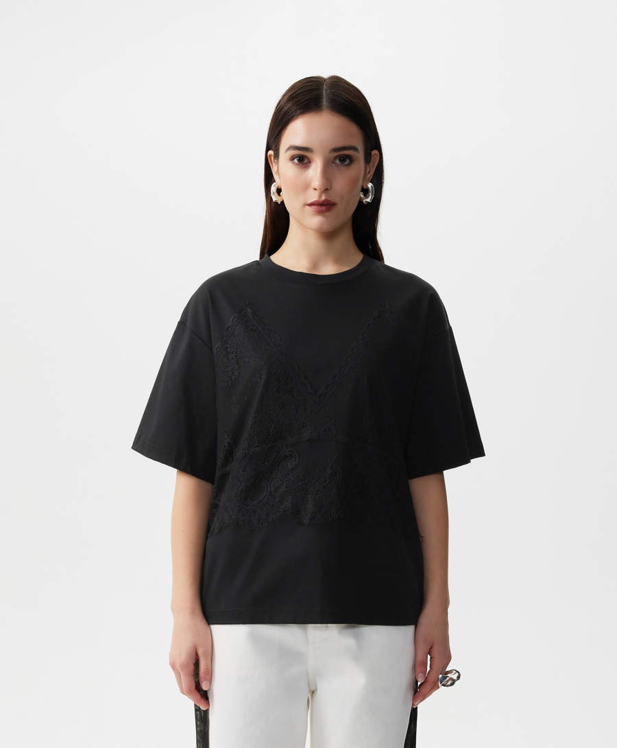 Футболка с отделкой из кружева GLVR, цвет: Черный, 126G21GAC1218 купить онлайн