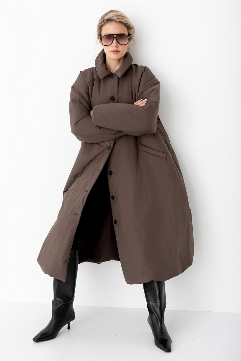 Тренч утепленный макси длины Ricoco, цвет: коричневый, 7048/2 купить онлайн