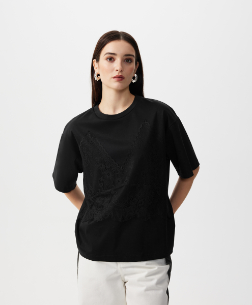 Футболка с отделкой из кружева GLVR, цвет: Черный, 126G21GAC1218 купить онлайн