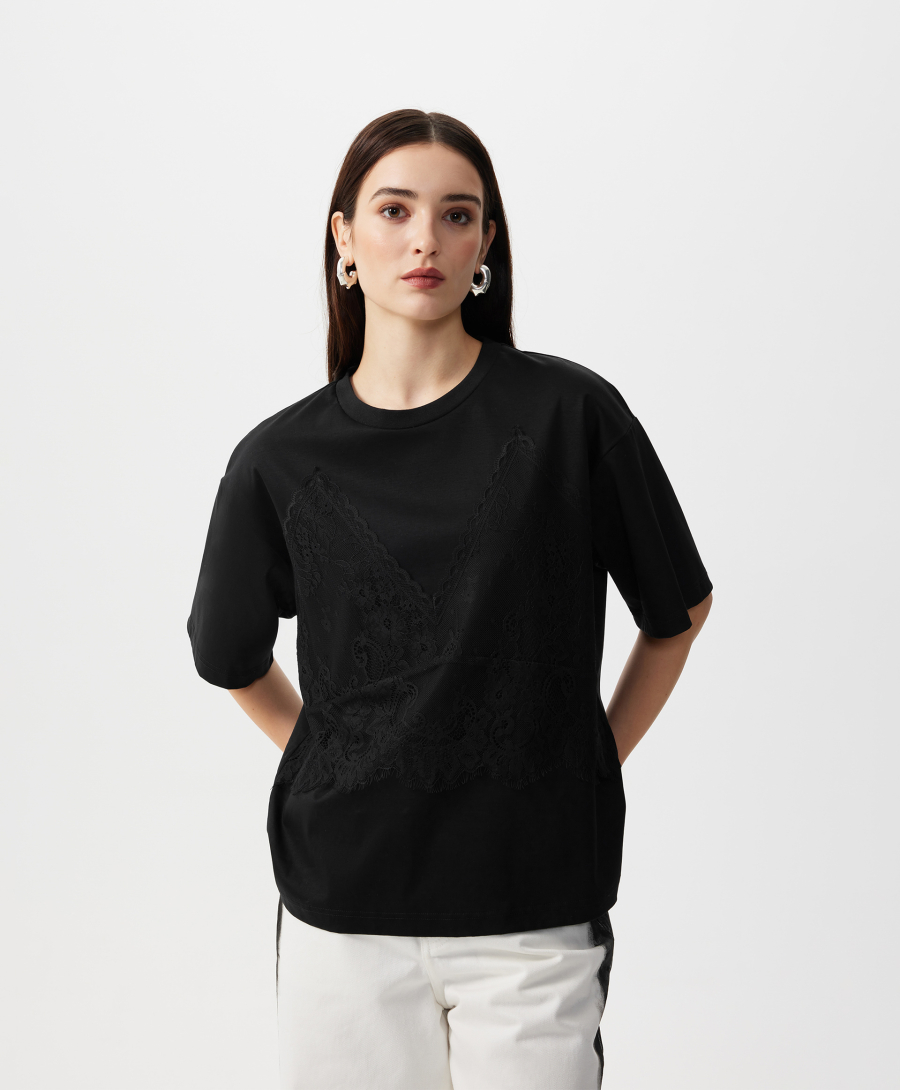 Футболка с отделкой из кружева GLVR, цвет: Черный, 126G21GAC1218 купить онлайн