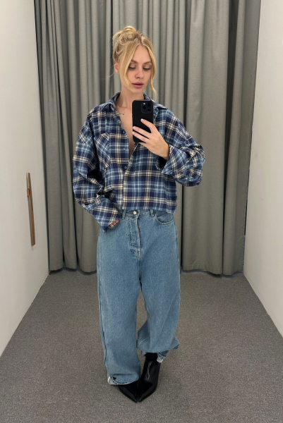 Рубашка объемная укороченная в клетку LIGHT BLUE Рубашка объемная укороченная в клетку LIGHT BLUE