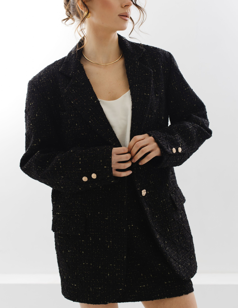 Жакет из твида однобортный с золотыми нитями VLVT, цвет: Черный, 00-00005355 купить онлайн