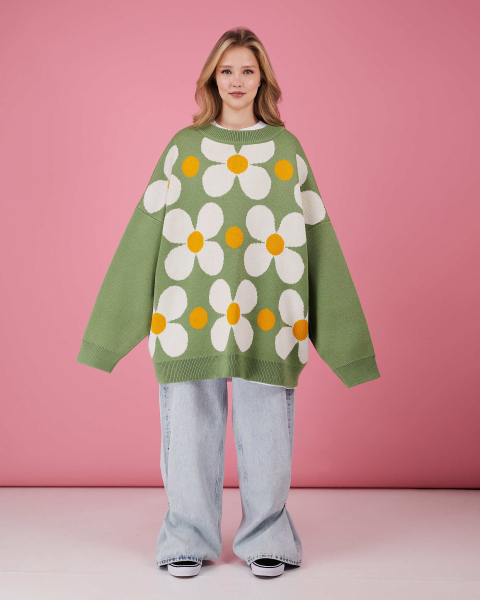 Свитер оверсайз с ромашками TABOO, цвет: зеленый, svsgusia01 купить онлайн