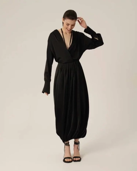 Платье из атласа миди Anmuse, цвет: Черный, RB24W136-BLC-2 купить онлайн