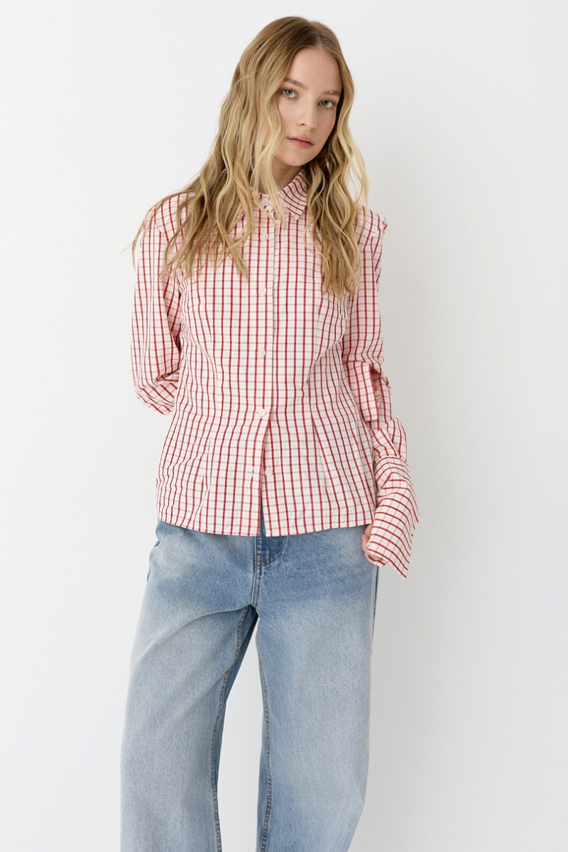 Рубашка приталенного кроя с акцентными манжетами Ricoco, цвет: красный, 7055/1 купить онлайн