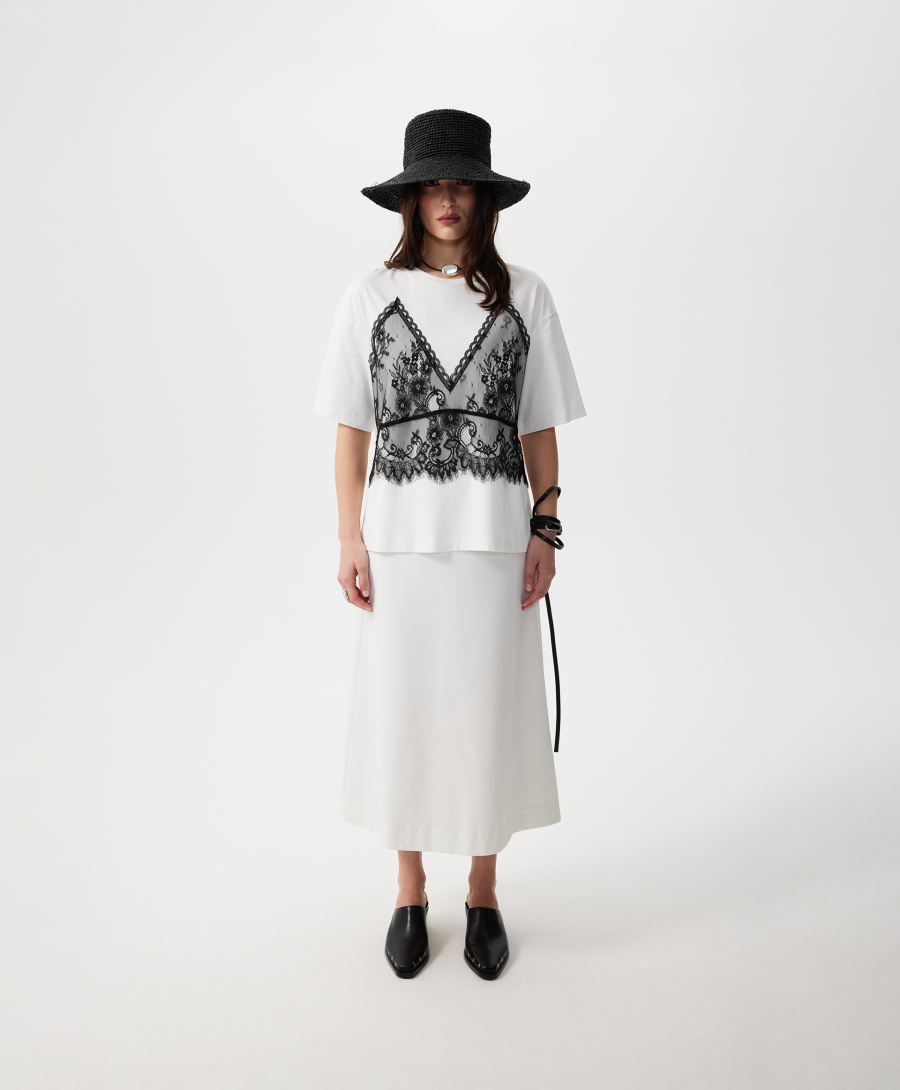 Футболка с контрастной отделкой из кружева GLVR, цвет: белый, 126G21GAC1216 купить онлайн