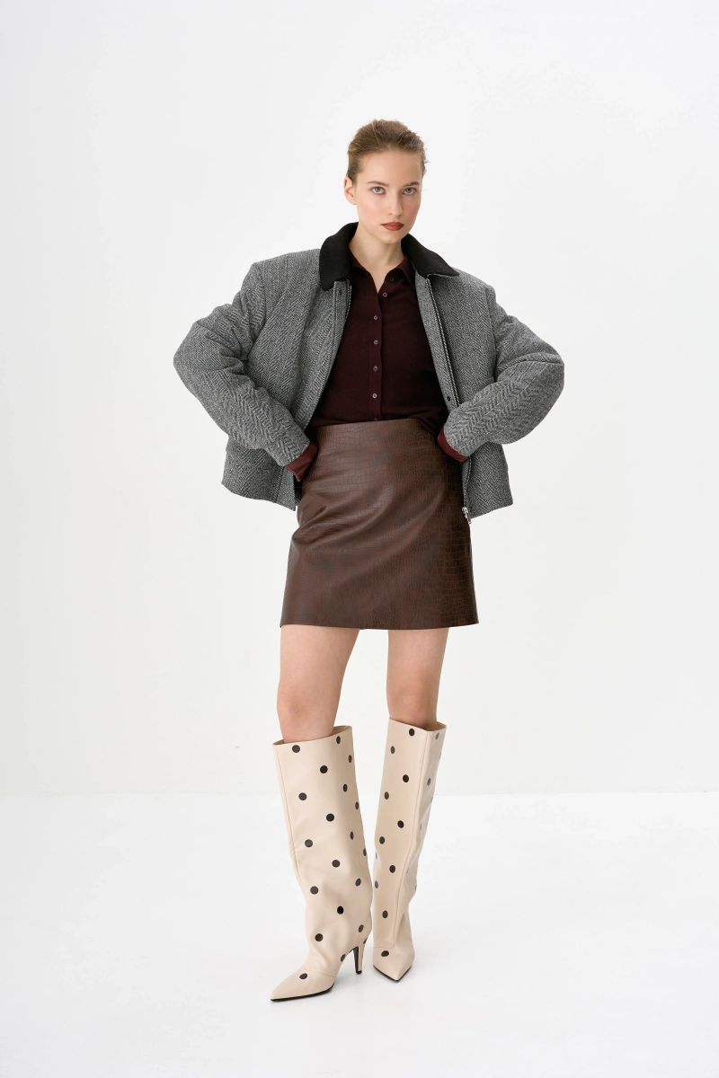 Юбка мини из экокожи с тиснением Ricoco, цвет: коричневый, 7050u/2 купить онлайн