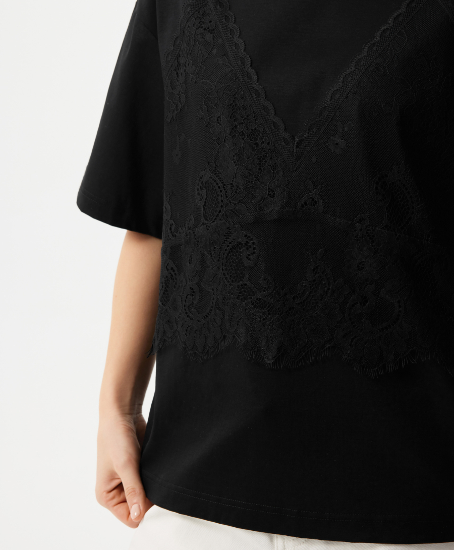 Футболка с отделкой из кружева GLVR, цвет: Черный, 126G21GAC1218 купить онлайн