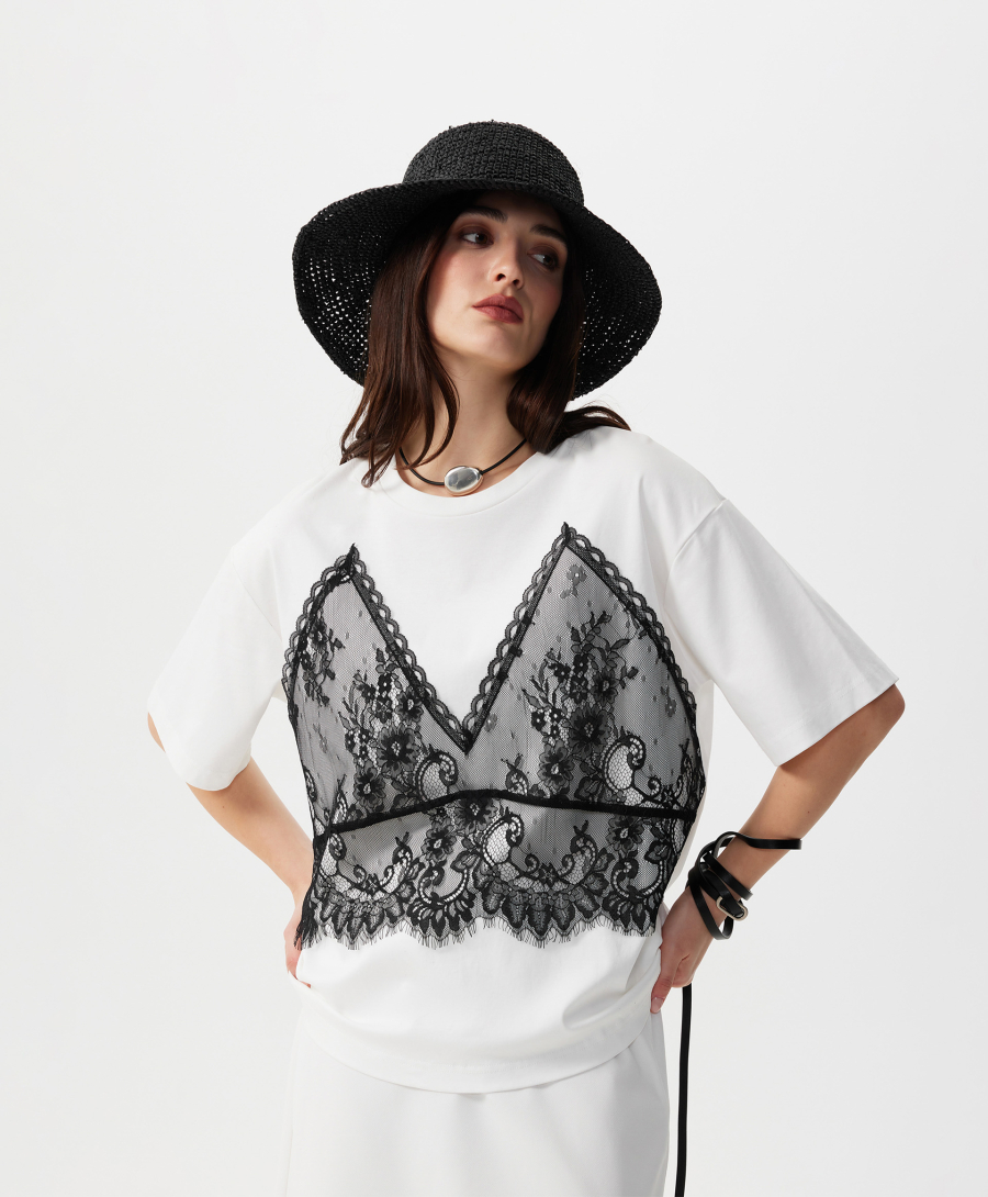 Футболка с контрастной отделкой из кружева GLVR, цвет: белый, 126G21GAC1216 купить онлайн