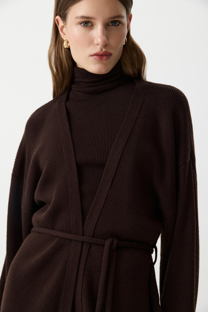 Кардиган из шерсти с поясом Charmstore, цвет: коричневый, 305-51798-551 купить онлайн