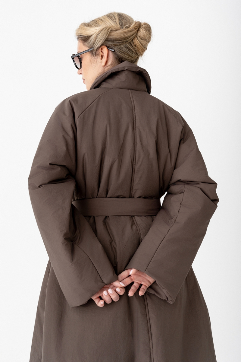 Тренч утепленный макси длины Ricoco, цвет: коричневый, 7048/2 купить онлайн