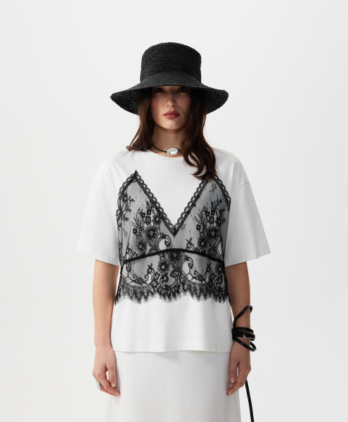 Футболка с контрастной отделкой из кружева GLVR, цвет: белый, 126G21GAC1216 купить онлайн