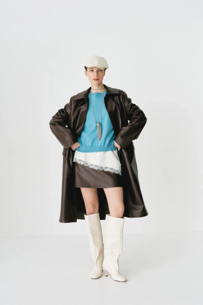 Тренч удлиненный из экокожи с эффектом тиснения Ricoco, цвет: коричневый, 7049/2 купить онлайн