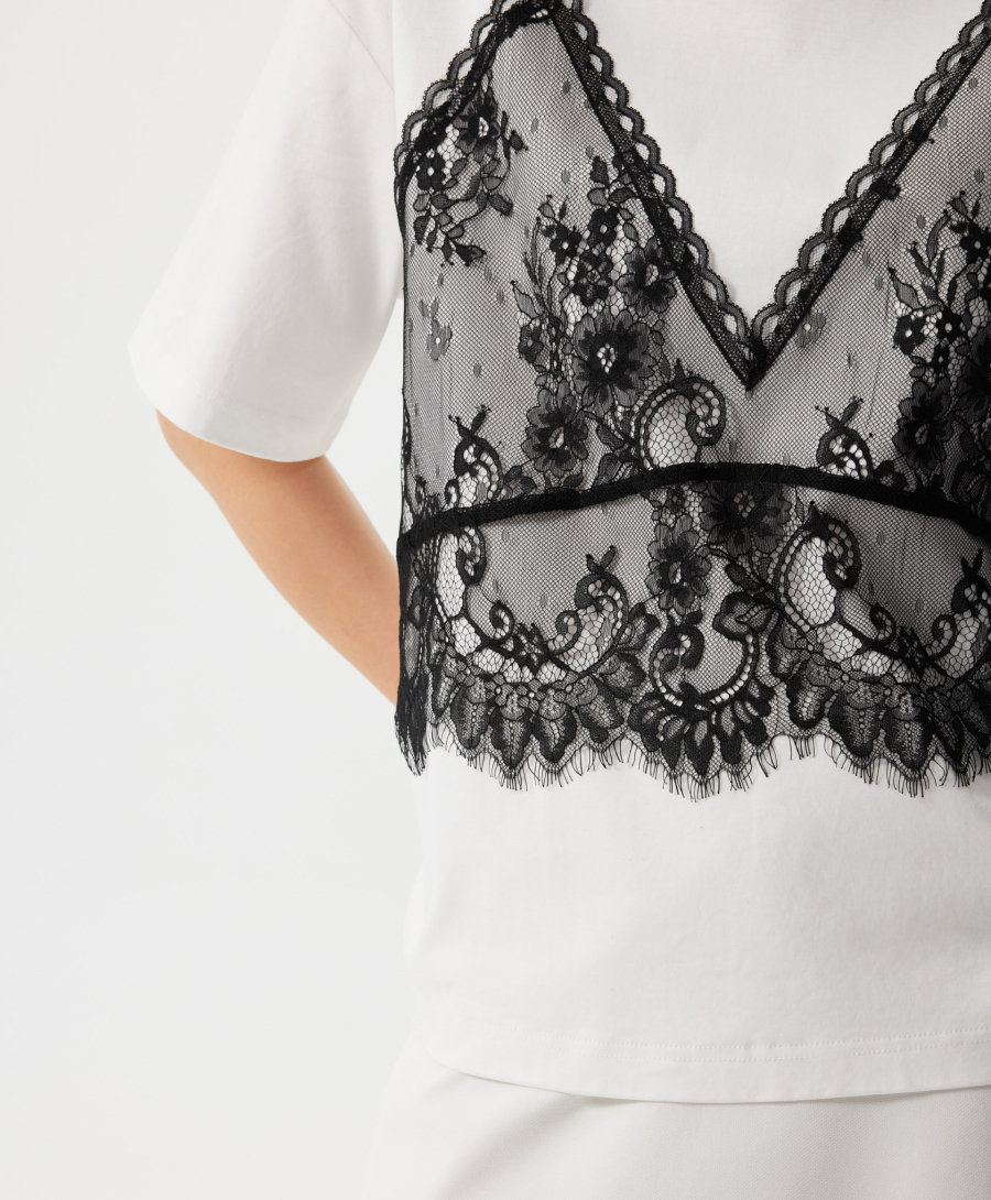 Футболка с контрастной отделкой из кружева GLVR, цвет: белый, 126G21GAC1216 купить онлайн