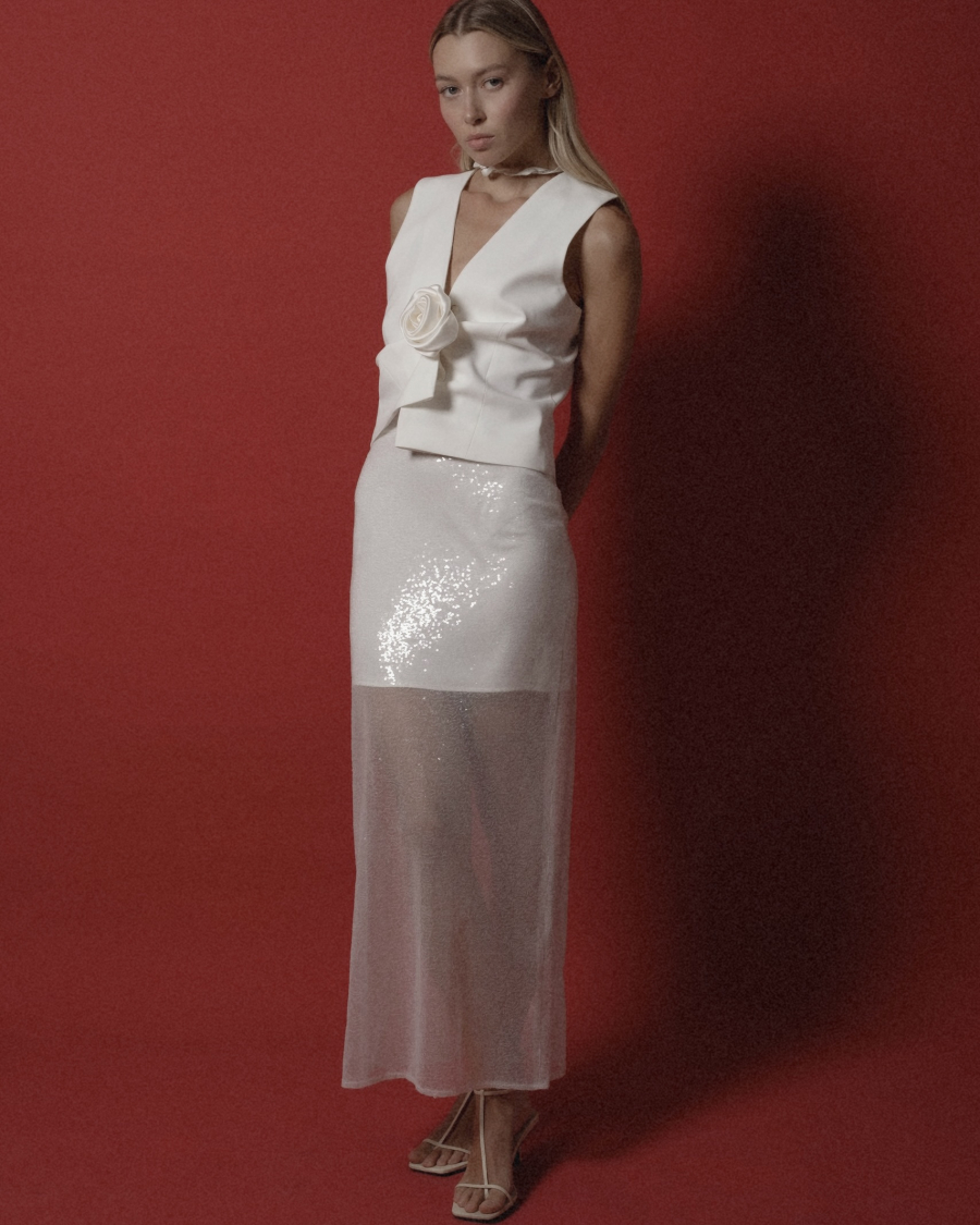 Юбка миди из пайеток НИ ИМЕНИ, НИ ПОХОЖИХ, цвет: белый, 00-00000150 купить онлайн