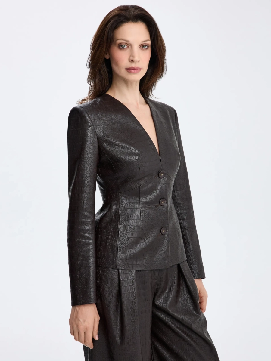 Жакет из фактурной экокожи без лацканов ANNA PEKUN, цвет: коричневый, 10.2585.700 купить онлайн