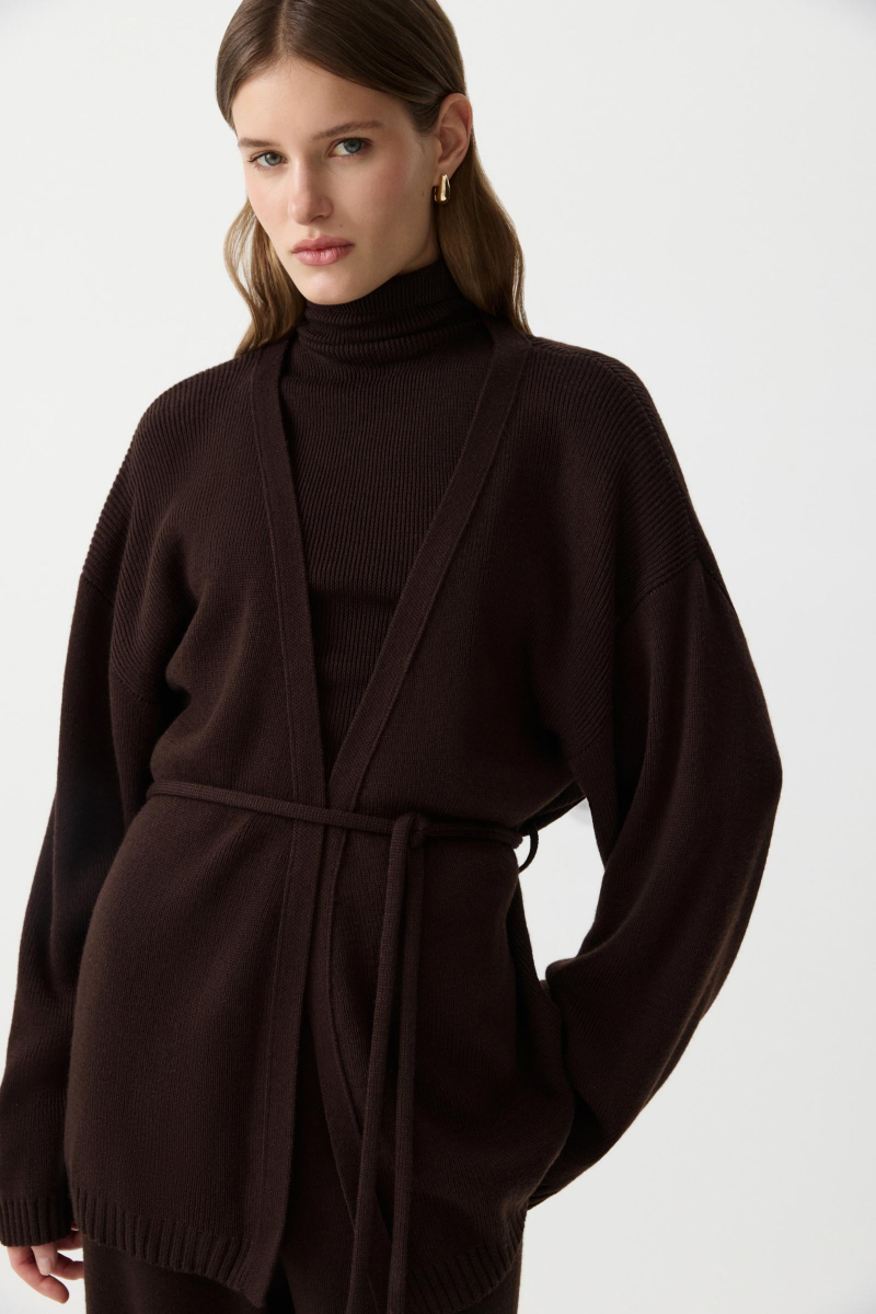 Кардиган из шерсти с поясом Charmstore, цвет: коричневый, 305-51798-551 купить онлайн
