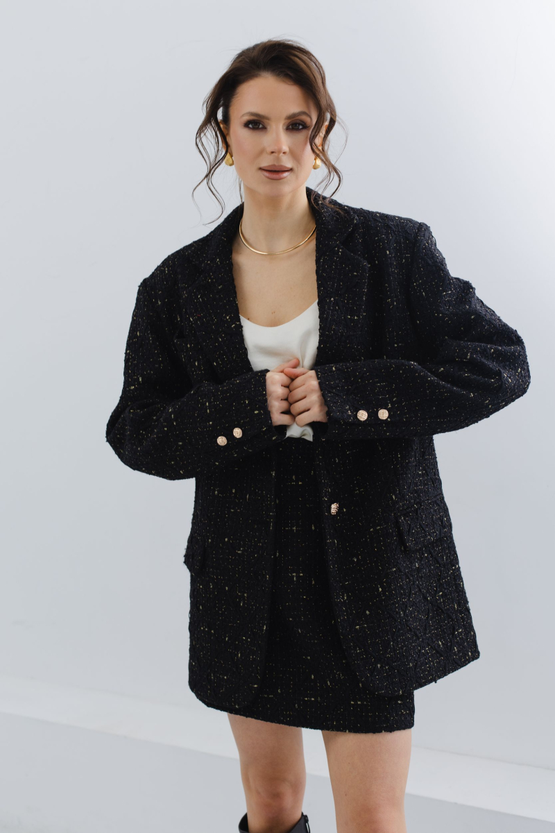 Жакет из твида однобортный с золотыми нитями VLVT, цвет: Черный, 00-00005355 купить онлайн