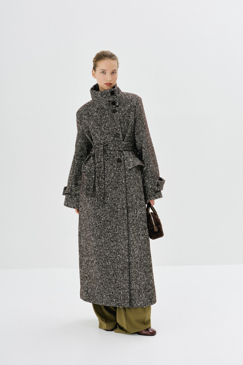 Пальто с высоким воротником макси длины Ricoco, цвет: коричневый, 7047/1 купить онлайн