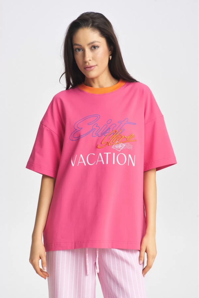 Футболка с контрастным воротом Bright Pink