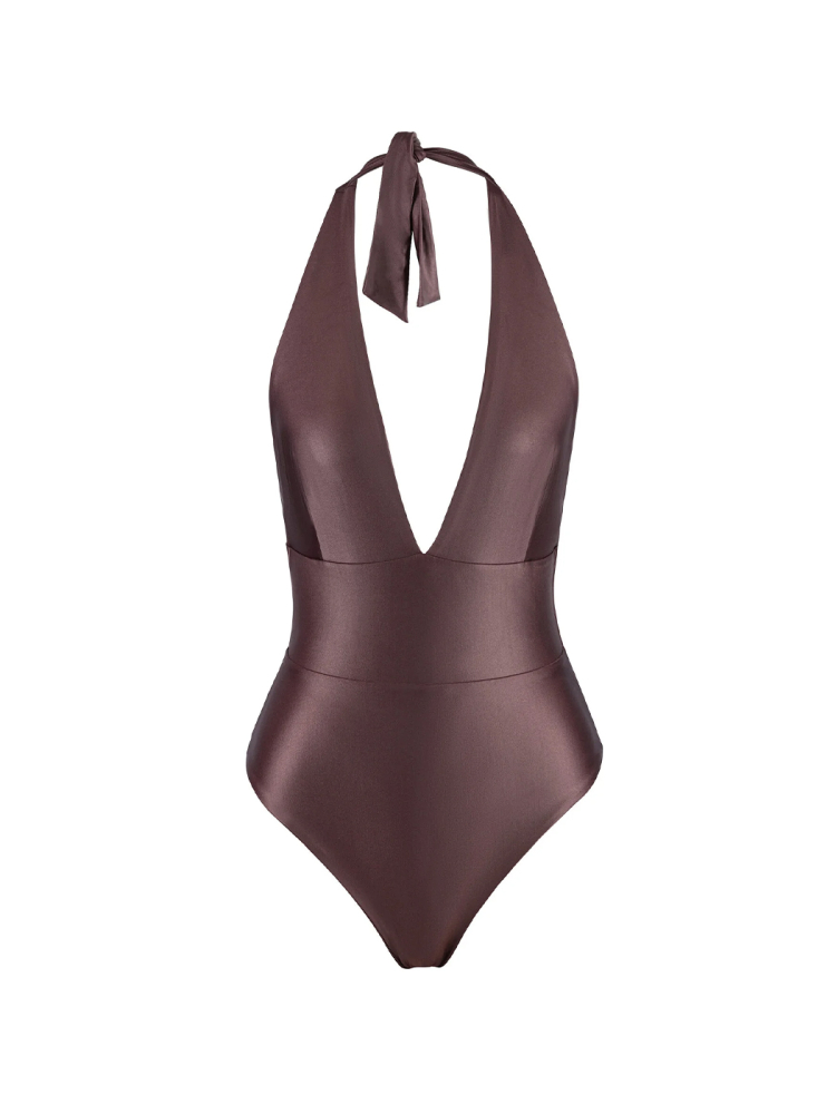 DESIRE Brown 'Leather' | Моделирующий купальник с вырезом и завязкой на шее