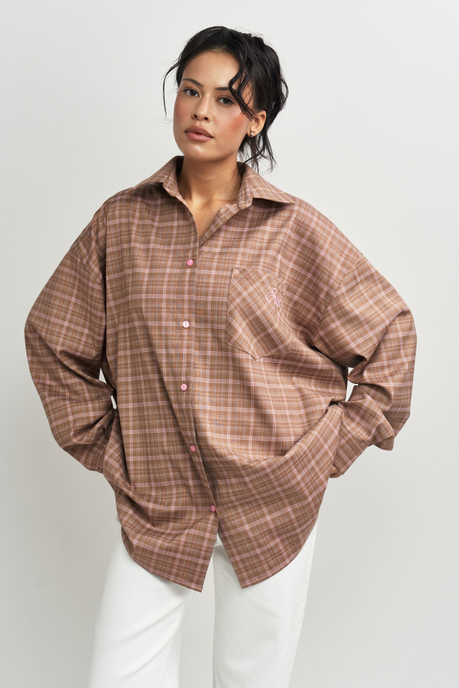 Рубашка в клетку с карманом Пыльная роза