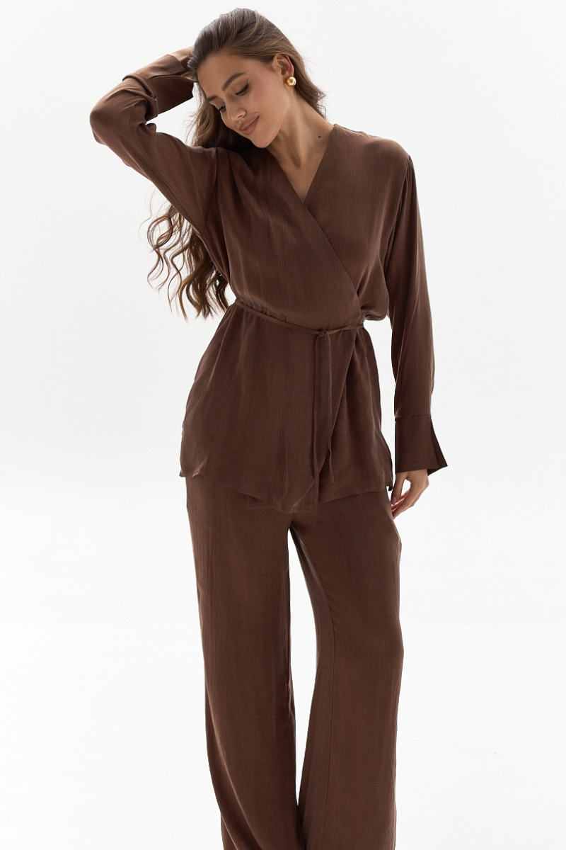 Блуза на запах из купро Ricoco, цвет: Кофейный, 7028/1 купить онлайн