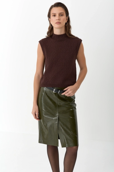 Юбка миди из лакированной экокожи Ricoco, цвет: оливковый, 6071/2 купить онлайн