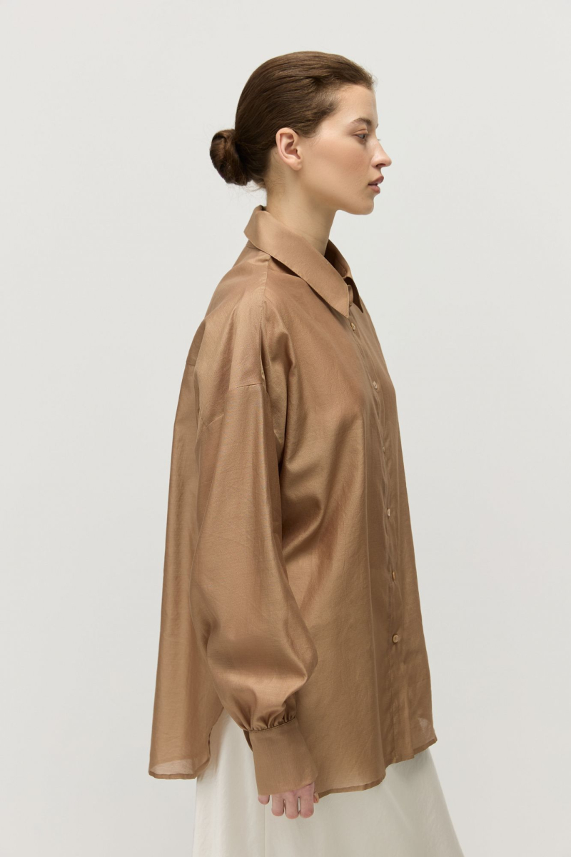 Рубашка объемная из шелка с хлопком AROUND, цвет: темно-бежевый, 211010_13SC01 купить онлайн