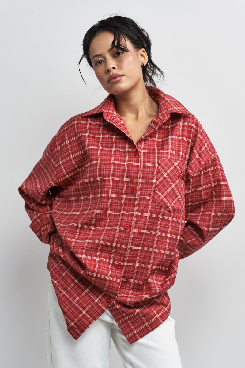 Рубашка в клетку с карманом Волнующий красный