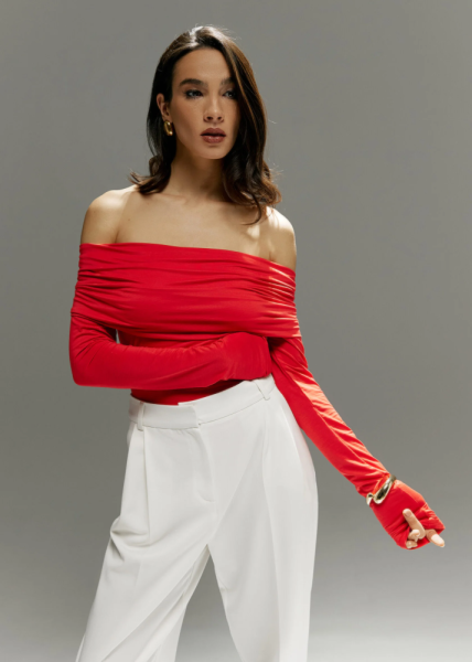 Боди с открытыми плечами, red