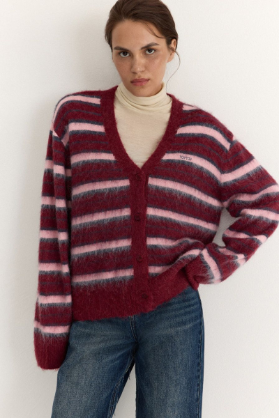 Пушистый кардиган с принтом «полоска» TOPTOP, цвет: бордовый с принтом, TT.051.18371.331 купить онлайн