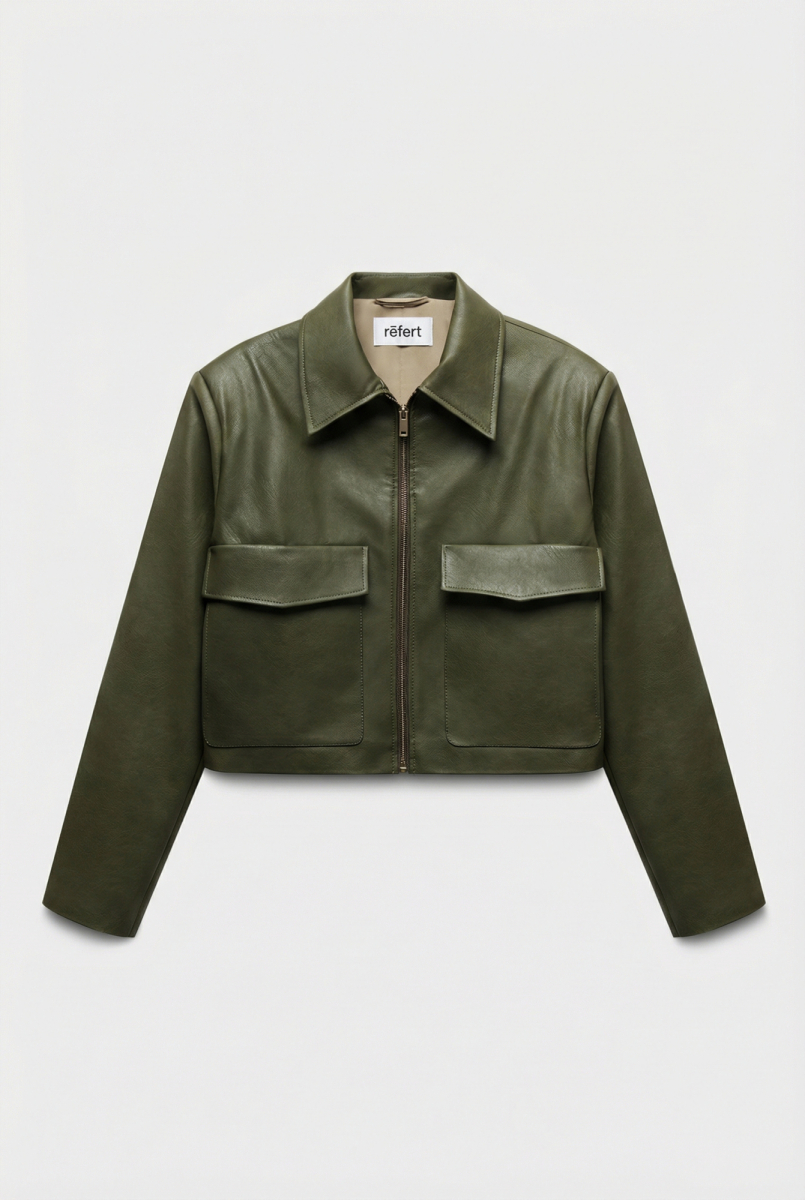Куртка укороченная из экокожи с накладными карманами REFERT, цвет: хаки, 02-3682/1-2511 купить онлайн