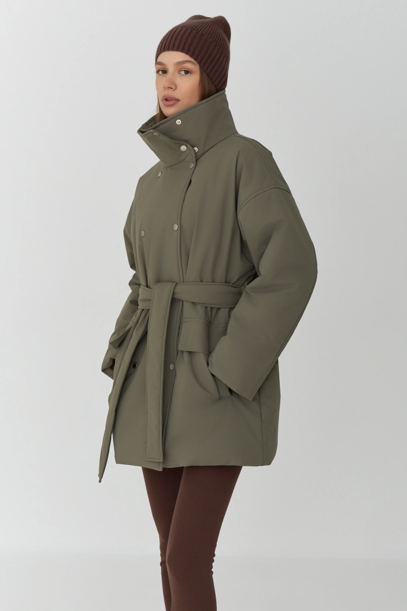 Парка на кнопках двубортная Ricoco, цвет: темно-оливковый, 6096/4 купить онлайн