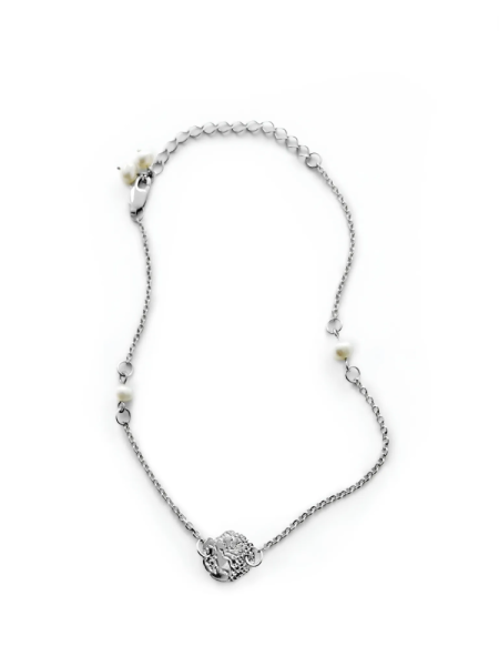 Серебряный браслет на цепочке на ногу «Кружево» с культивированным жемчугом