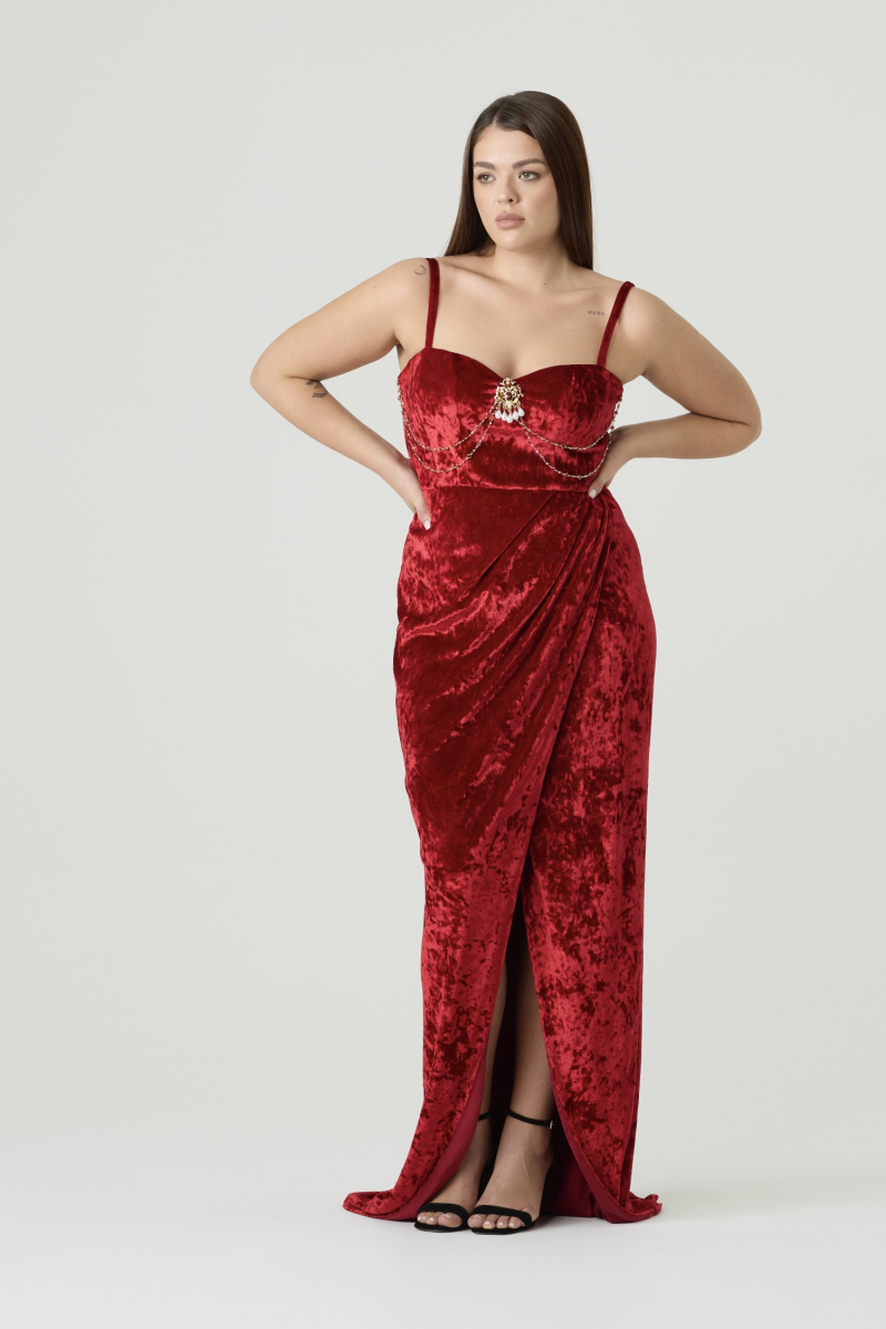 Платье из бархата макси с разрезом 4forms, цвет: красный, 65524 купить онлайн