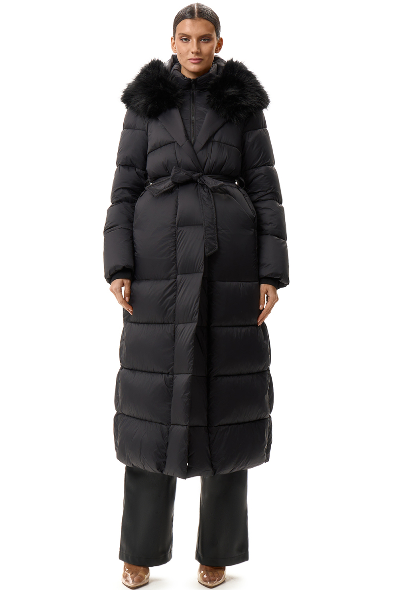 Пуховик длинный с поясом