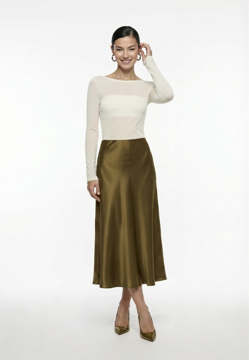 Юбка миди из атласа REFERT, цвет: темно-оливковый, 07-2541/17-2511 купить онлайн
