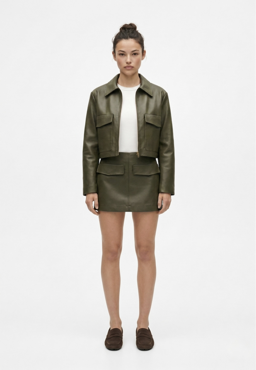Юбка мини из экокожи с накладными карманами REFERT, цвет: хаки, 07-3681/1-2511 купить онлайн