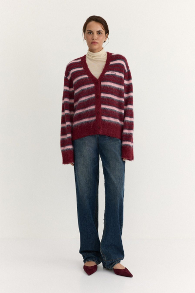 Пушистый кардиган с принтом «полоска» TOPTOP, цвет: бордовый с принтом, TT.051.18371.331 купить онлайн