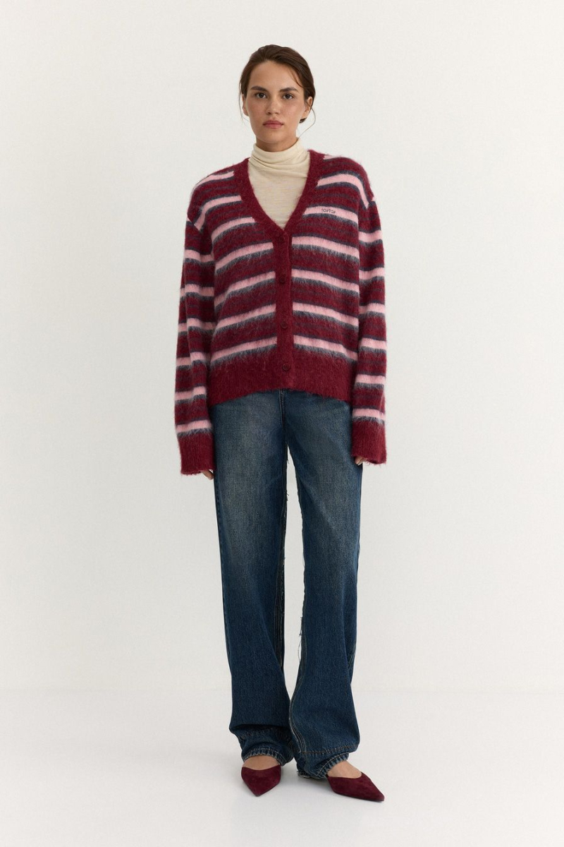 Пушистый кардиган с принтом «полоска» TOPTOP, цвет: бордовый с принтом, TT.051.18371.331 купить онлайн