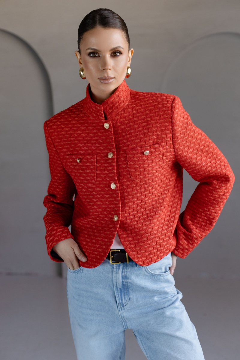 Жакет из твида укороченный со стойкой