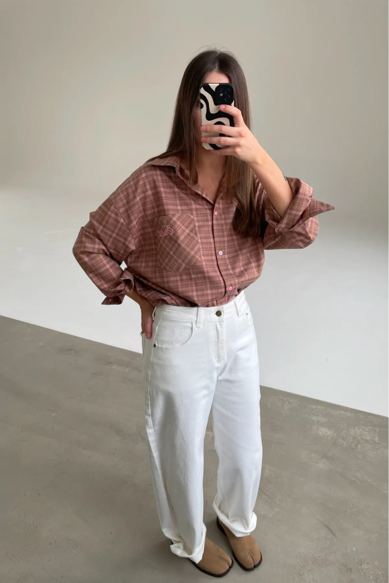 Рубашка в клетку с карманом Пыльная роза Erist store, цвет: бежевый, НФ-00003257 купить онлайн