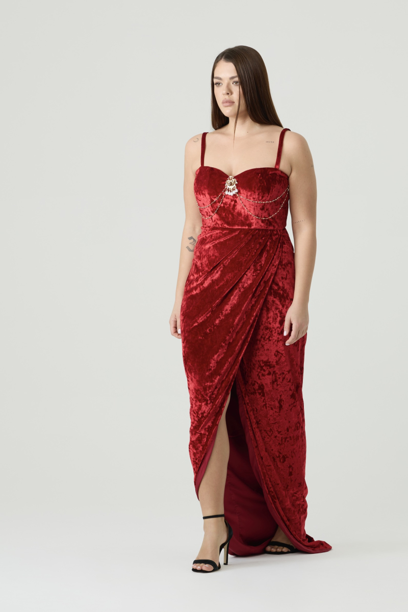 Платье из бархата макси с разрезом 4forms, цвет: красный, 65524 купить онлайн