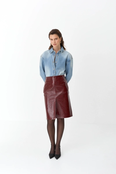 Юбка миди из лакированной экокожи Ricoco, цвет: ягодный, 6071/3 купить онлайн