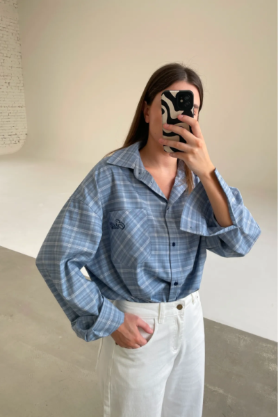 Рубашка в клетку с карманом Ледяной голубой