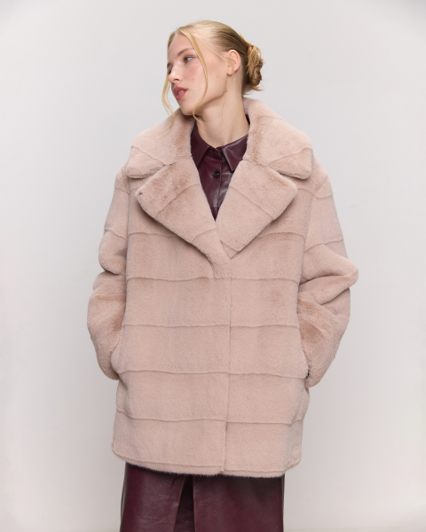 Экошуба с английским воротником под норку полоска Only me, цвет: пудра/полоска, ЭШ6207 купить онлайн