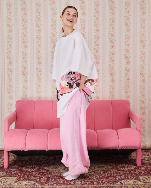 Футболка собаки на розовом диване